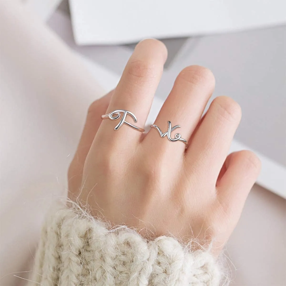 ChicSilver Personalized 925 Sterling Silver Initial Letter Ring A-Z Stackable Ring Adjustable Size 6-11(with Gift Box)
