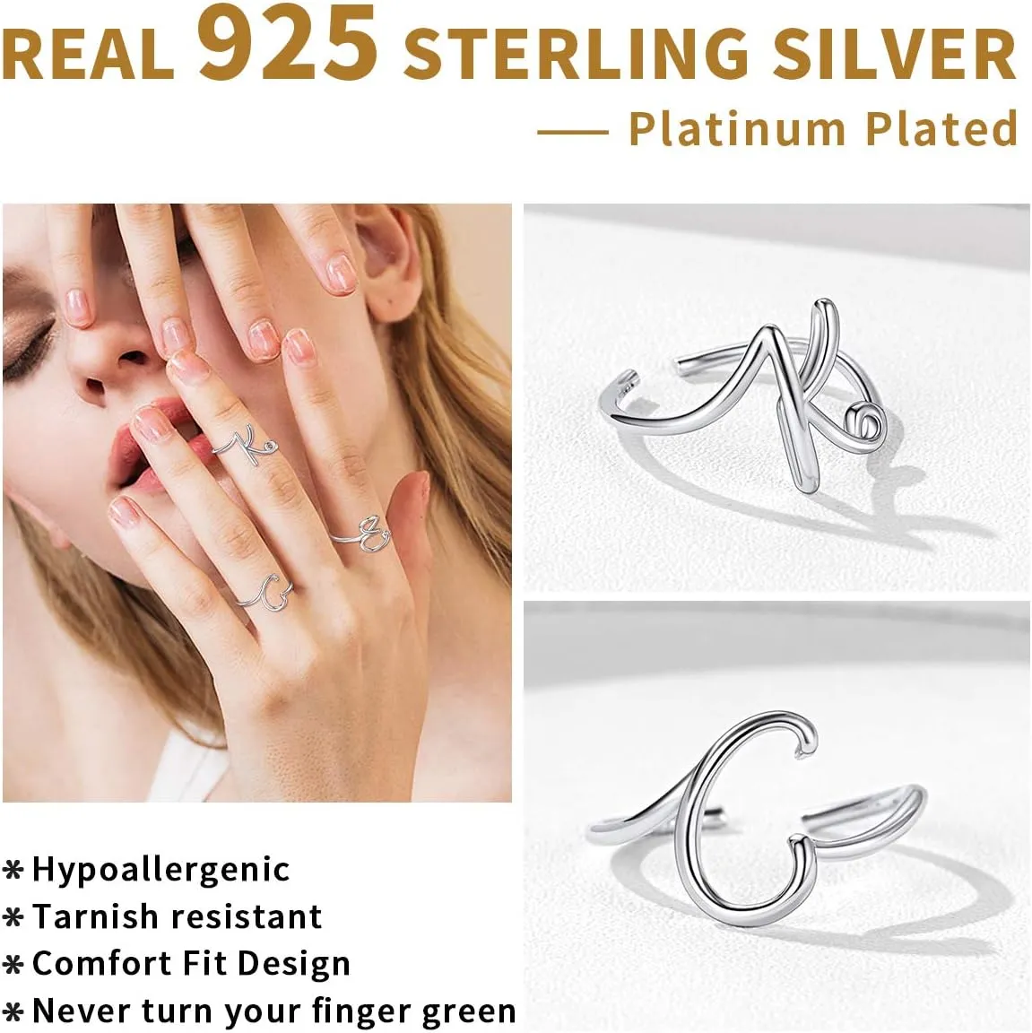 ChicSilver Personalized 925 Sterling Silver Initial Letter Ring A-Z Stackable Ring Adjustable Size 6-11(with Gift Box)
