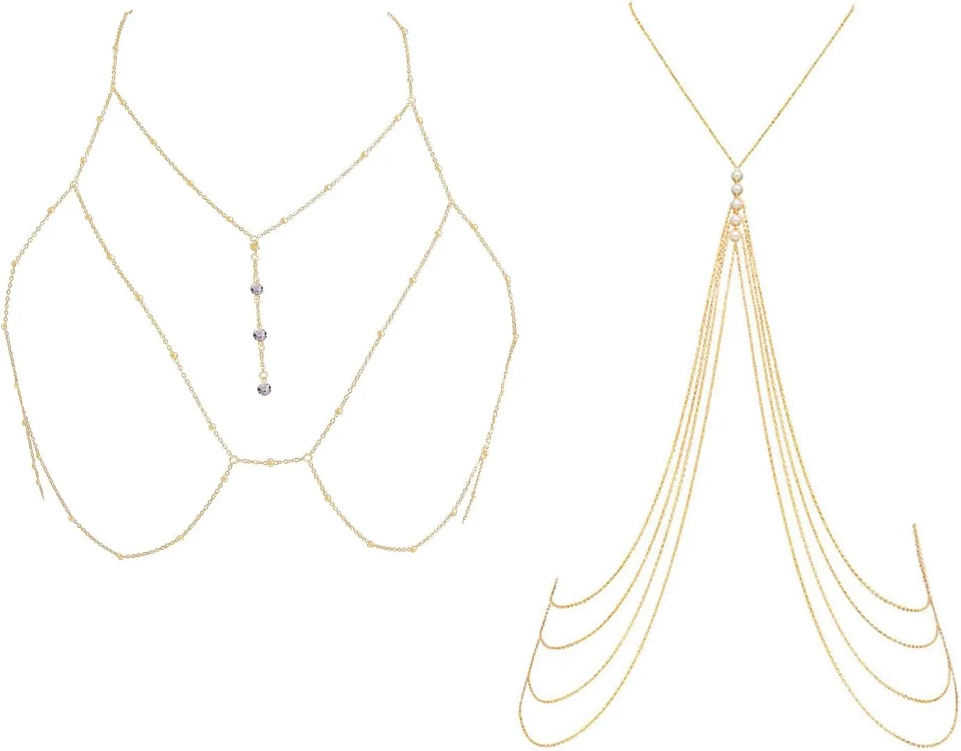 CICEKEE 2Pcs Gold Body Chain Rhinestone and Pearl Crossover Body Jewelry for Woemen Sexy Layered Metal Rave Accessories Belly Waist Chain Chest Bra Chain Set Body Necklace