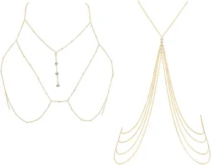 CICEKEE 2Pcs Gold Body Chain Rhinestone and Pearl Crossover Body Jewelry for Woemen Sexy Layered Metal Rave Accessories Belly Waist Chain Chest Bra Chain Set Body Necklace