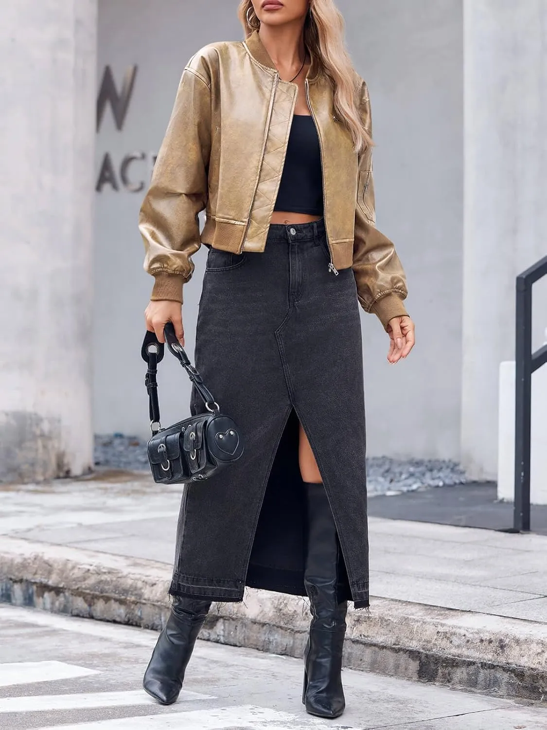 Cicy Bell Womens Faux Leather Bomber Jackets Baseball Collar Zip Up Cropped Biker Coat with Pockets