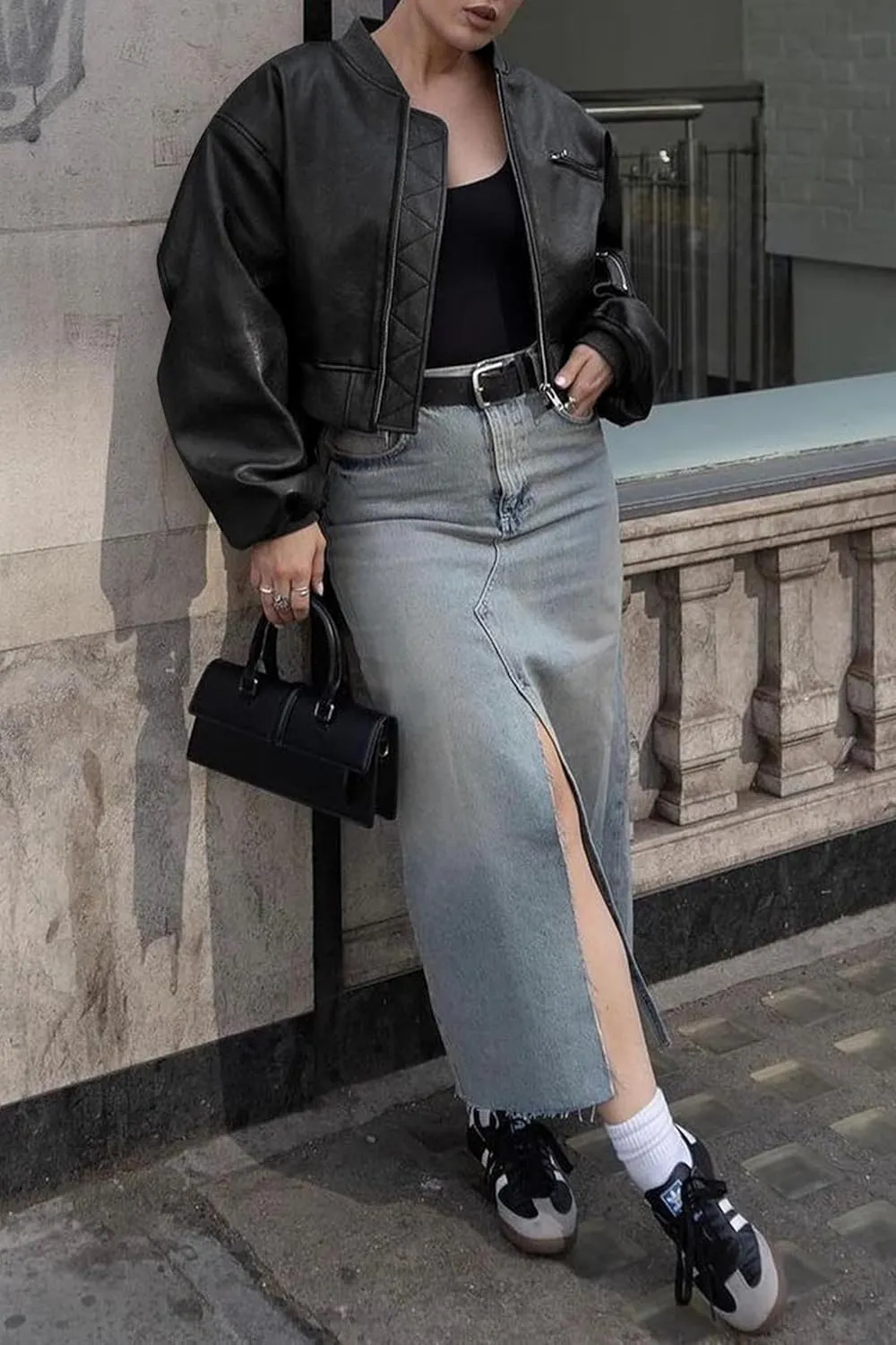 Cicy Bell Womens Faux Leather Bomber Jackets Baseball Collar Zip Up Cropped Biker Coat with Pockets