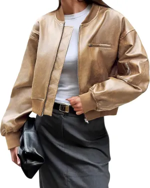 Cicy Bell Womens Faux Leather Bomber Jackets Baseball Collar Zip Up Cropped Biker Coat with Pockets
