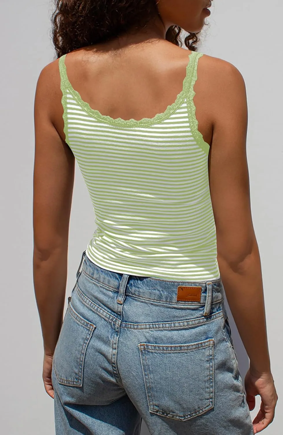 Cioatin Women Cute Y2K Lace Patchwork Striped Bow Crop Cami Tops Sleeveless Tight Fit Preppy Aesthetic Tank Going Out