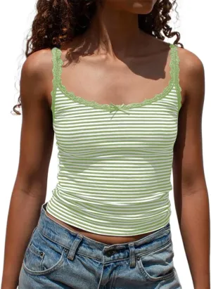 Cioatin Women Cute Y2K Lace Patchwork Striped Bow Crop Cami Tops Sleeveless Tight Fit Preppy Aesthetic Tank Going Out