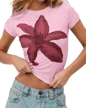 Cioatin Women Y2K Short Sleeve Flower Graphic Baby Tee Shirt Vintage Aesthetic Floral Print Summer Crop Tshirt Tops