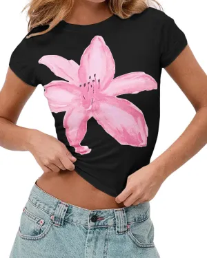 Cioatin Women Y2K Short Sleeve Flower Graphic Baby Tee Shirt Vintage Aesthetic Floral Print Summer Crop Tshirt Tops