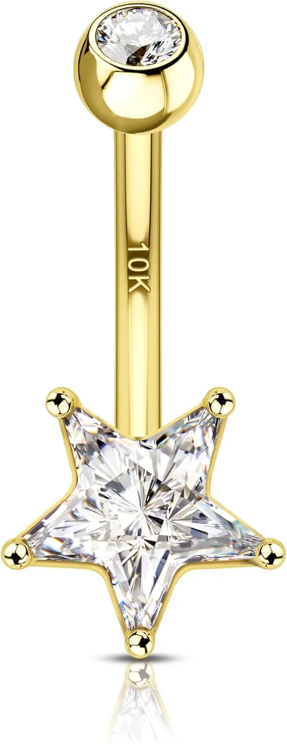 COCHARM 10K Gold Belly Button Rings, 10K Star Gold Belly Rings for Women, 10K Gold Belly Navel Piercing Jewelry
