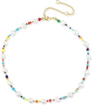 Colorful Beaded Necklace for Women, Boho Pearl Bead Necklace Rainbow Beaded Necklace Summer Jewelry Gift for Girls Teens