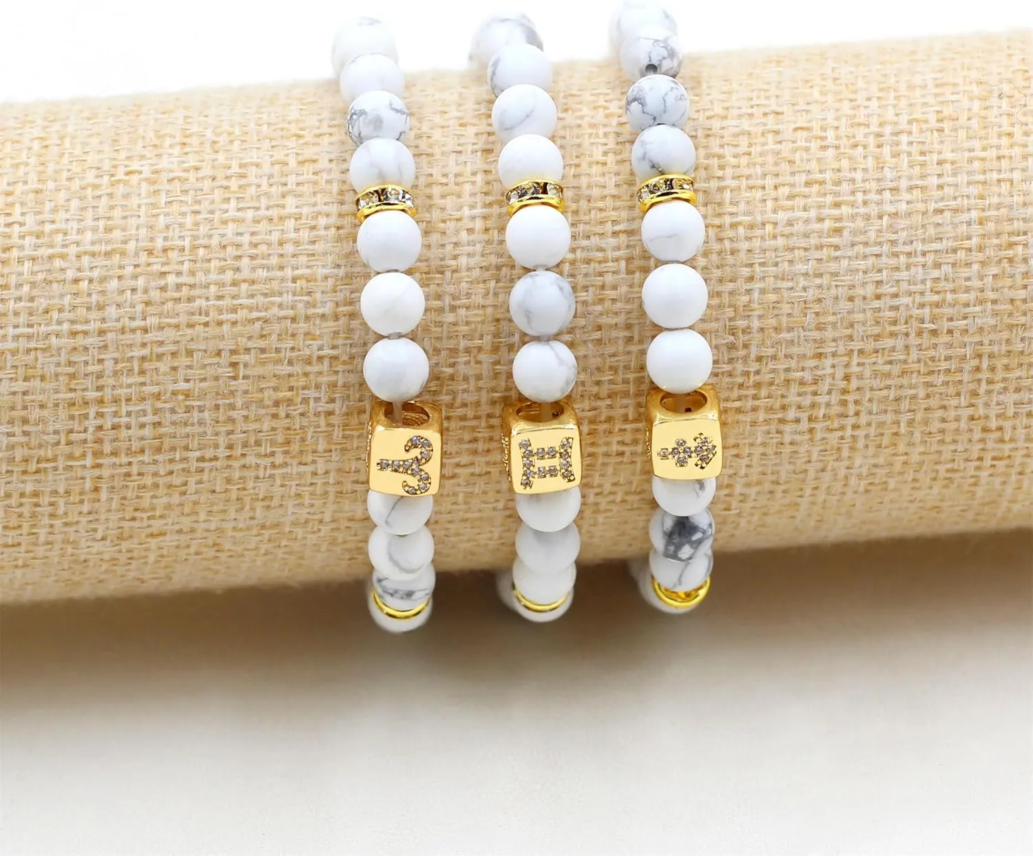 Constellation Charm Women's Bracelet 6mm Natural Frosted White Turquoise Twelve Zodiac Prayer Blessing Unisex Jewelry-Aries|Gemini|Sagittarius