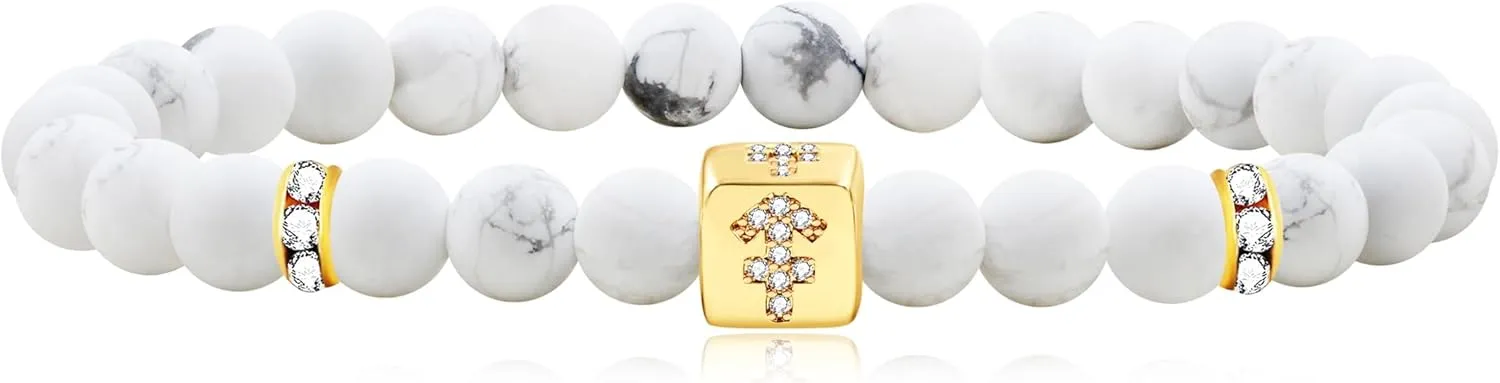 Constellation Charm Women's Bracelet 6mm Natural Frosted White Turquoise Twelve Zodiac Prayer Blessing Unisex Jewelry-Aries|Gemini|Sagittarius