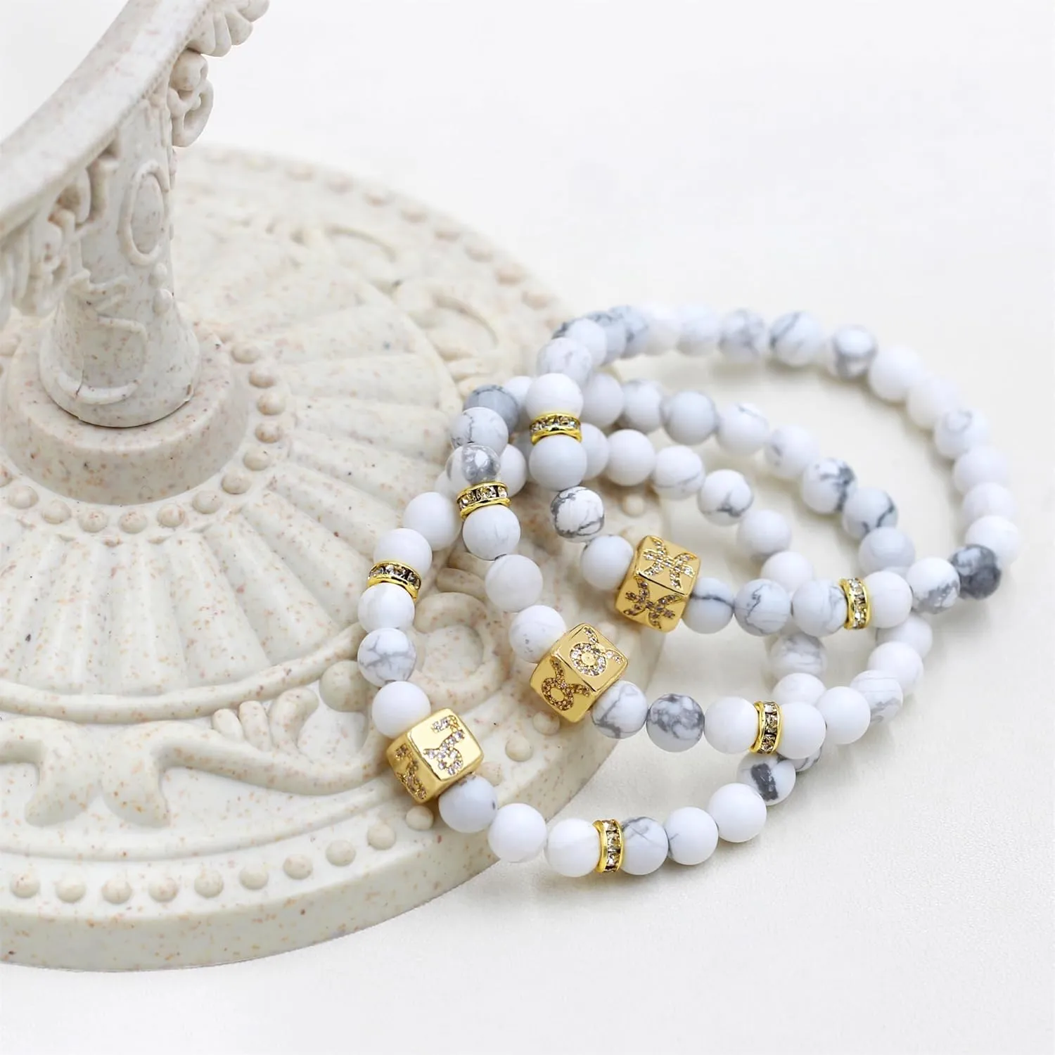 Constellation Charm Women's Bracelet 6mm Natural Frosted White Turquoise Twelve Zodiac Prayer Blessing Unisex Jewelry-Capricorn|Taurus|Pisces