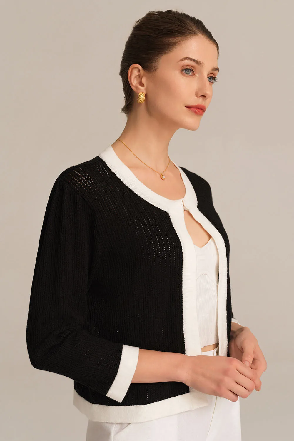 Contrast Color 3/4 Sleeve Crew Neck Knitted Cardigan