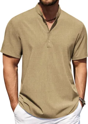 COOFANDY Men Henley Shirt Casual Linen Shirts Beach Summer Short Sleeve Vacation Linen T-Shirts Wedding Shirt Khaki