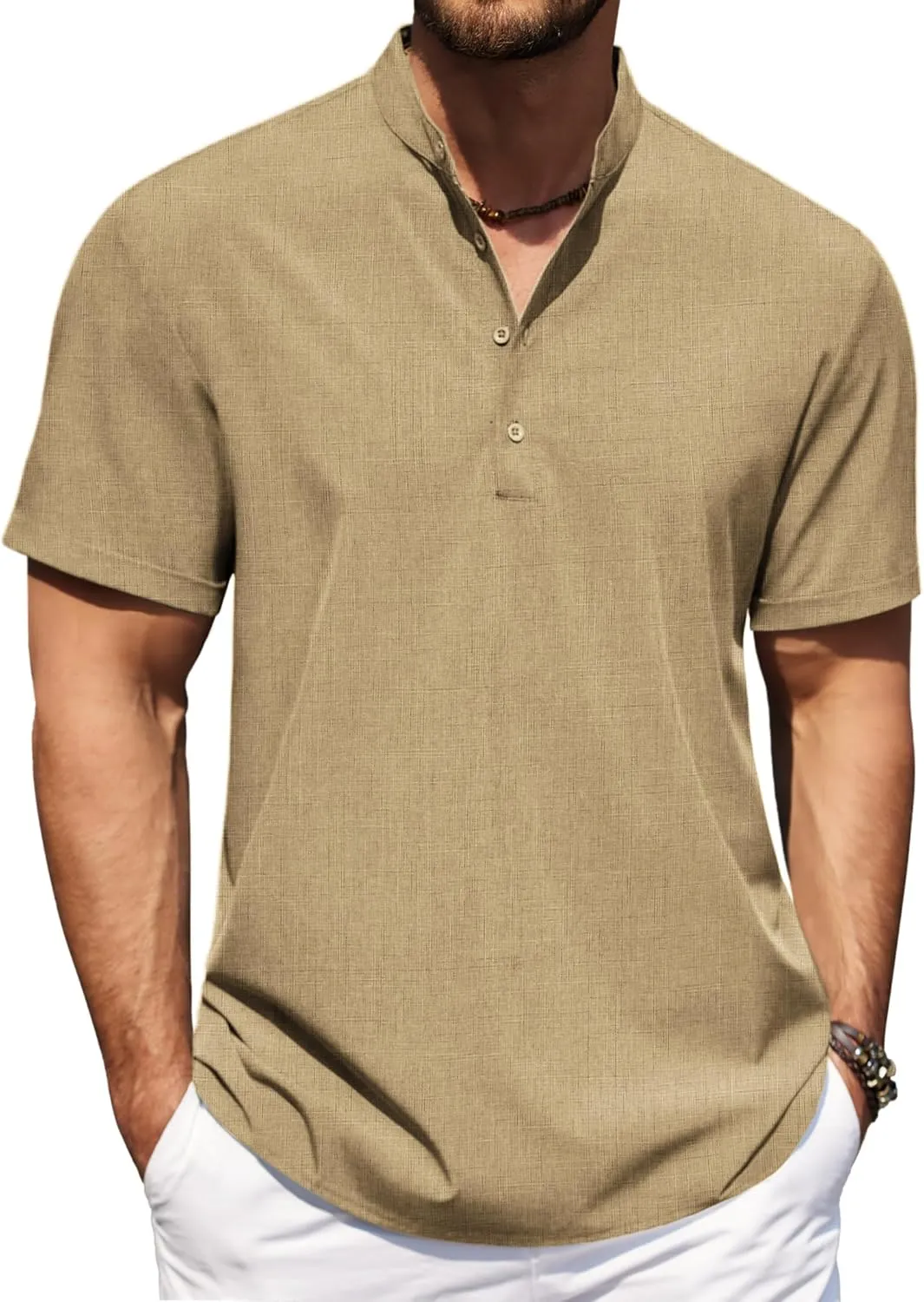 COOFANDY Men Henley Shirt Casual Linen Shirts Beach Summer Short Sleeve Vacation Linen T-Shirts Wedding Shirt Khaki