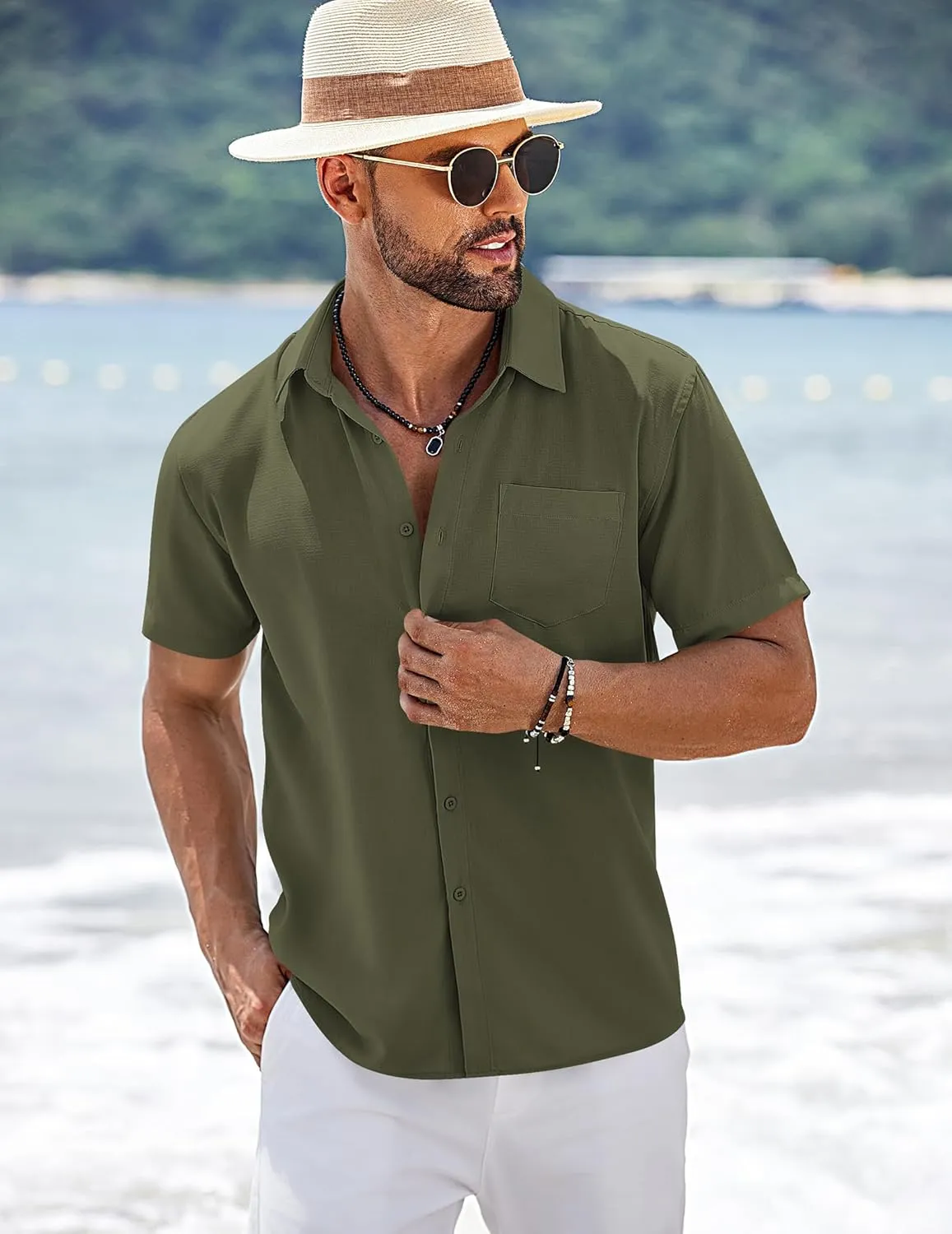 COOFANDY Men's Short Sleeve Button Down Shirts Summer Casual Textured Shirt Vacation Beach Wedding Shirts with Pocket