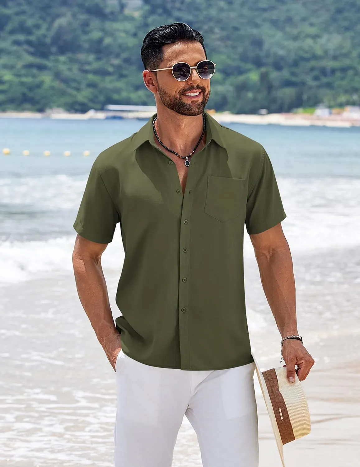 COOFANDY Men's Short Sleeve Button Down Shirts Summer Casual Textured Shirt Vacation Beach Wedding Shirts with Pocket