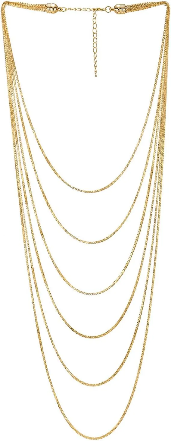 COOLSTEELANDBEYOND Multi-Strand Waterfall Statement Necklace Choker Collar Box Chains, Dress Party Fashion