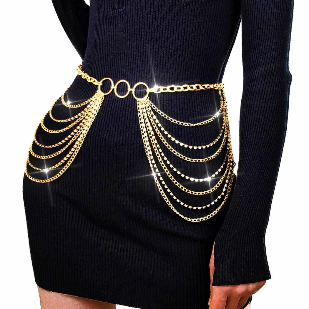 COSYDAYS Gold Chain Belts Rhinestone Waist Chain Layered Body Chains Jewelry for Women