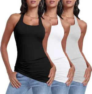 Cotton Racerback Long Tank Tops for Women Tunic Layering Sleeveless Undershirts Moisture Wicking 3 Packs
