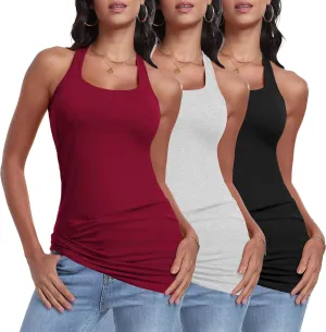 Cotton Racerback Long Tank Tops for Women Tunic Layering Sleeveless Undershirts Moisture Wicking 3 Packs