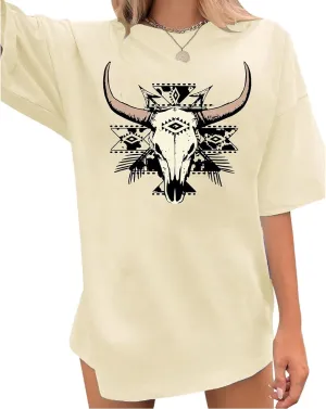 Country Shirts for Women Western Cowgirl Tshirt Oversized Cow Skull Graphic Tees Tops