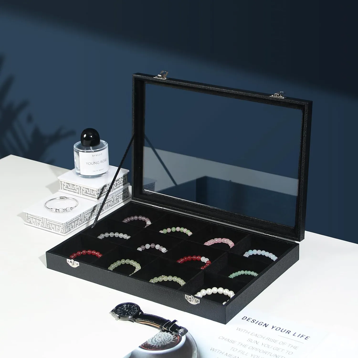 Coward Jewelry Organizer Box, Black Velvet 12 Grids Bracelet Bangle Necklace Jewelry Display Tray Case with Transparent Glass Lid for Home Drawer Desk or Store Selling Show
