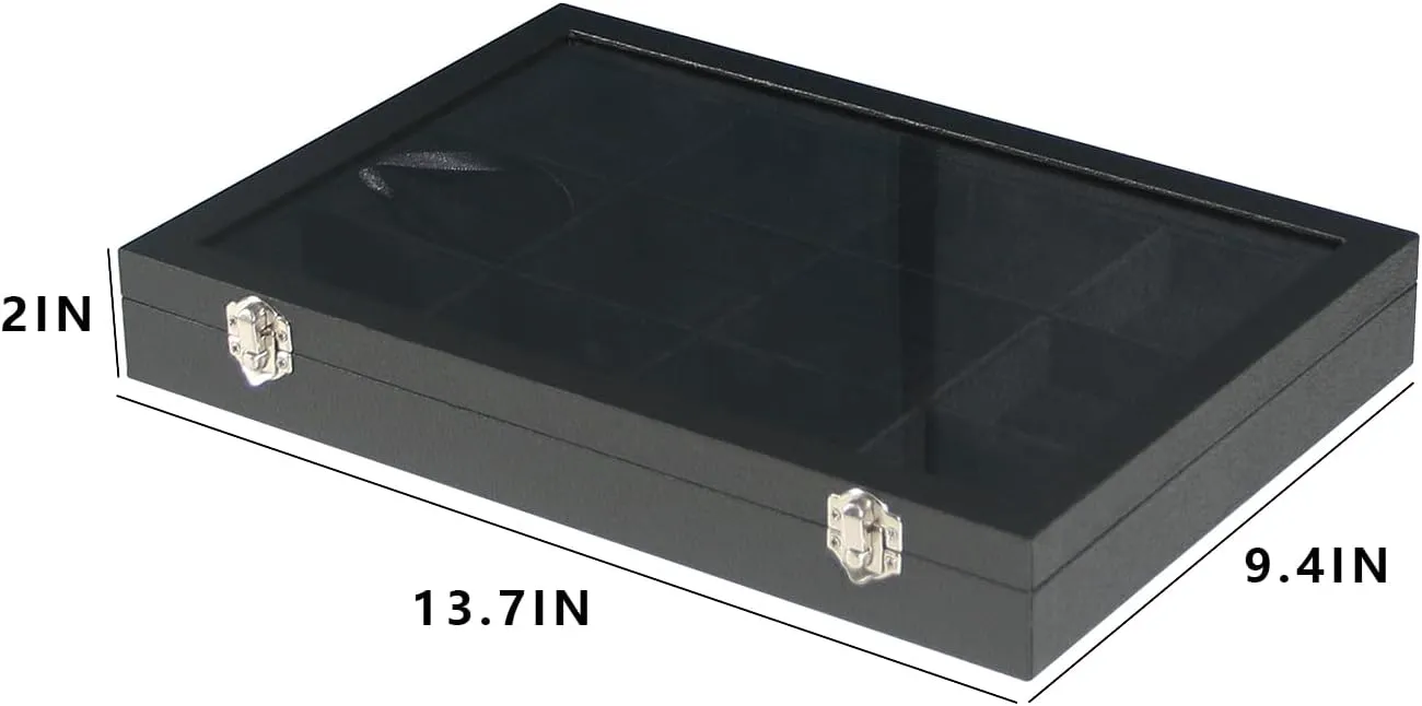 Coward Jewelry Organizer Box, Black Velvet 12 Grids Bracelet Bangle Necklace Jewelry Display Tray Case with Transparent Glass Lid for Home Drawer Desk or Store Selling Show