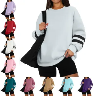 Crew Neck Sweatshirts Women Plus Size Fleece Striped Sweatshirt Oversized Athletic Active Drop Shoulder Pullover