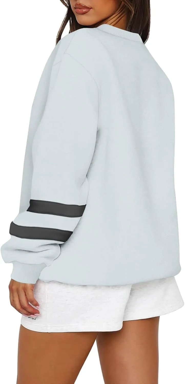 Crew Neck Sweatshirts Women Plus Size Fleece Striped Sweatshirt Oversized Athletic Active Drop Shoulder Pullover