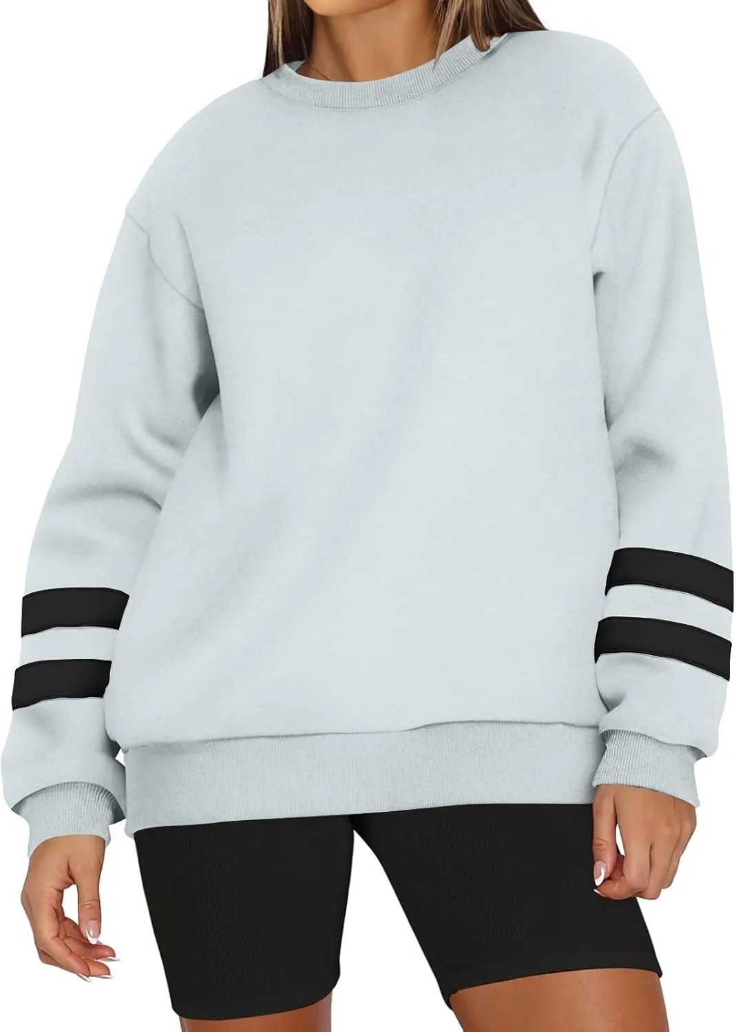 Crew Neck Sweatshirts Women Plus Size Fleece Striped Sweatshirt Oversized Athletic Active Drop Shoulder Pullover