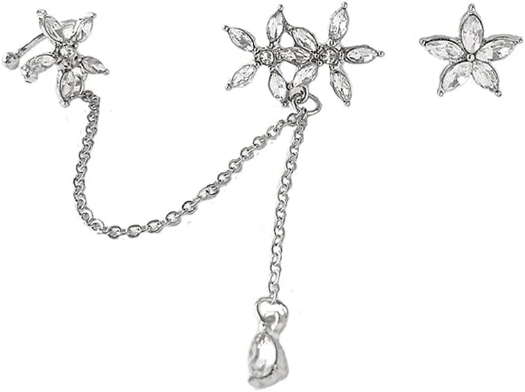 Cuff Earrings Chain Moon Star Ear Cuff Wrap Clip On Clawler Climber Hoop Butterfly Tassel Earrings CZ Inlay Crawler Earring Studs Dangling Chain Earrings Flower Chain Tassel Earrings