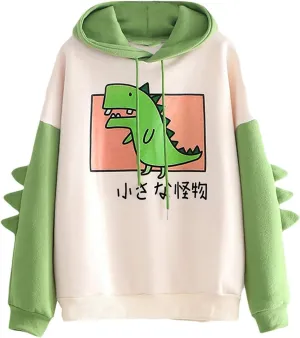 Cute Hoodies for Women Teen Girls Kawaii Japanese Dinosaur Hoodie Tops Stitching Long Sleeve Hooded Sweatshirts