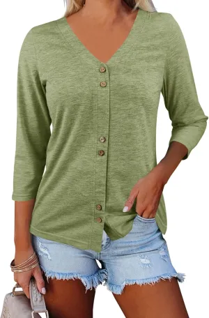 Dailiup Women's V Neck 3/4 Sleeve T-Shirts Button Down Cardigans Casual Solid Tunic Tops Basic Tees Blouses