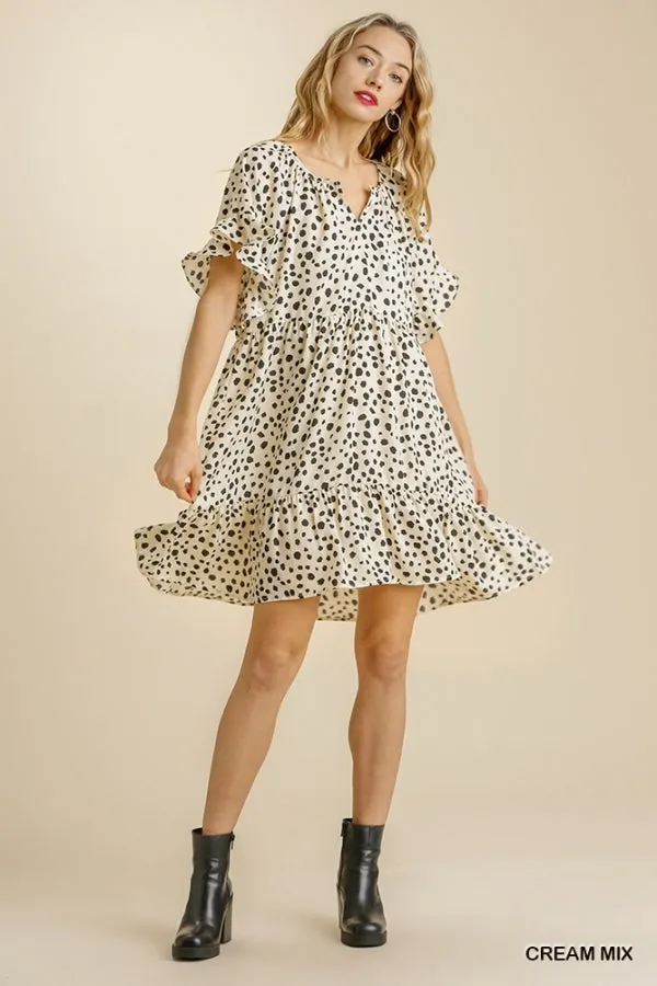 Dalmatian Print Split Neck Short Sleeve Ruffle Hem Dress