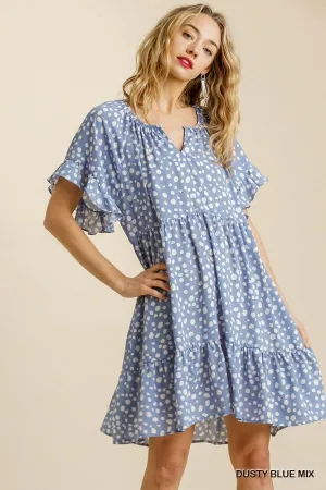 Dalmatian Print Split Neck Short Sleeve Ruffle Hem Dress