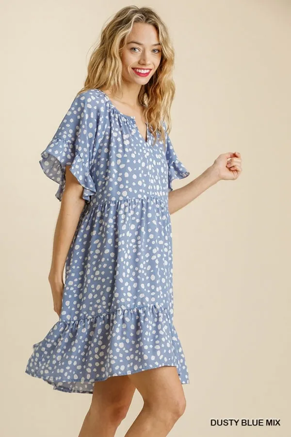 Dalmatian Print Split Neck Short Sleeve Ruffle Hem Dress
