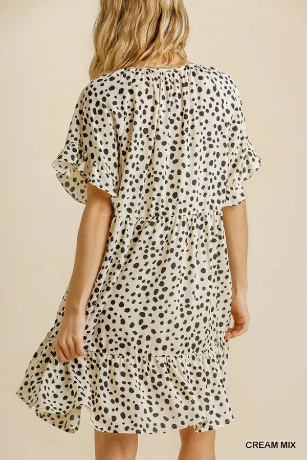 Dalmatian Print Split Neck Short Sleeve Ruffle Hem Dress