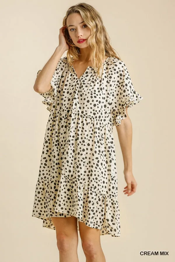 Dalmatian Print Split Neck Short Sleeve Ruffle Hem Dress