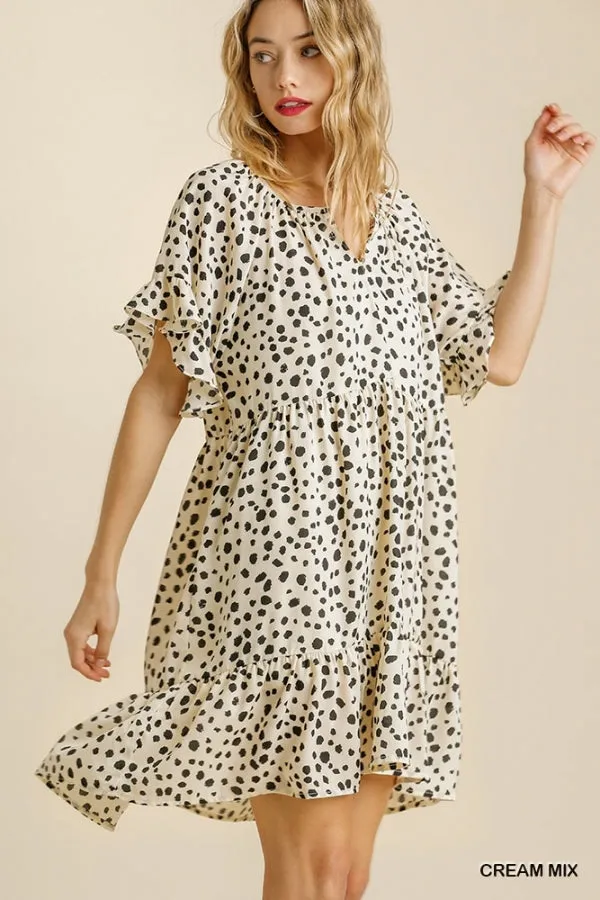 Dalmatian Print Split Neck Short Sleeve Ruffle Hem Dress