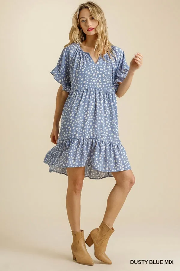 Dalmatian Print Split Neck Short Sleeve Ruffle Hem Dress