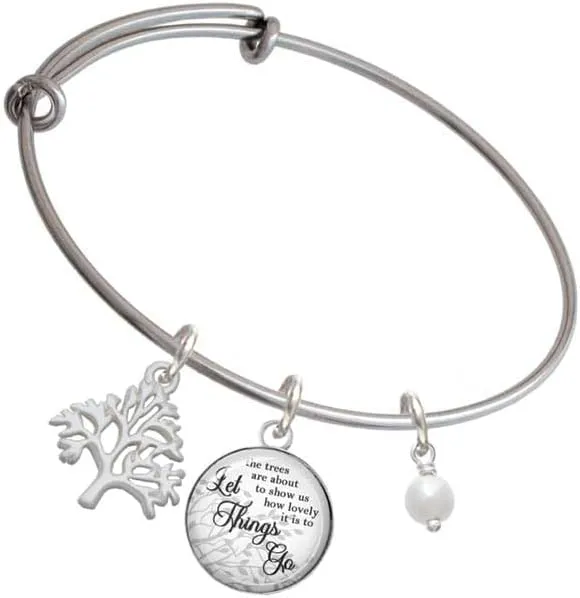 Delight Jewelry Plated 6mm Glass Imitation Pearl Bead Drop Silvertone Let Things Go Tree Charm Bangle Bracelet