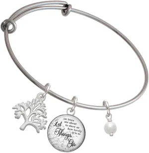 Delight Jewelry Plated 6mm Glass Imitation Pearl Bead Drop Silvertone Let Things Go Tree Charm Bangle Bracelet