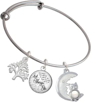 Delight Jewelry Silvertone Large Owl Sitting on Moon Silvertone Let Things Go Tree Charm Bangle Bracelet