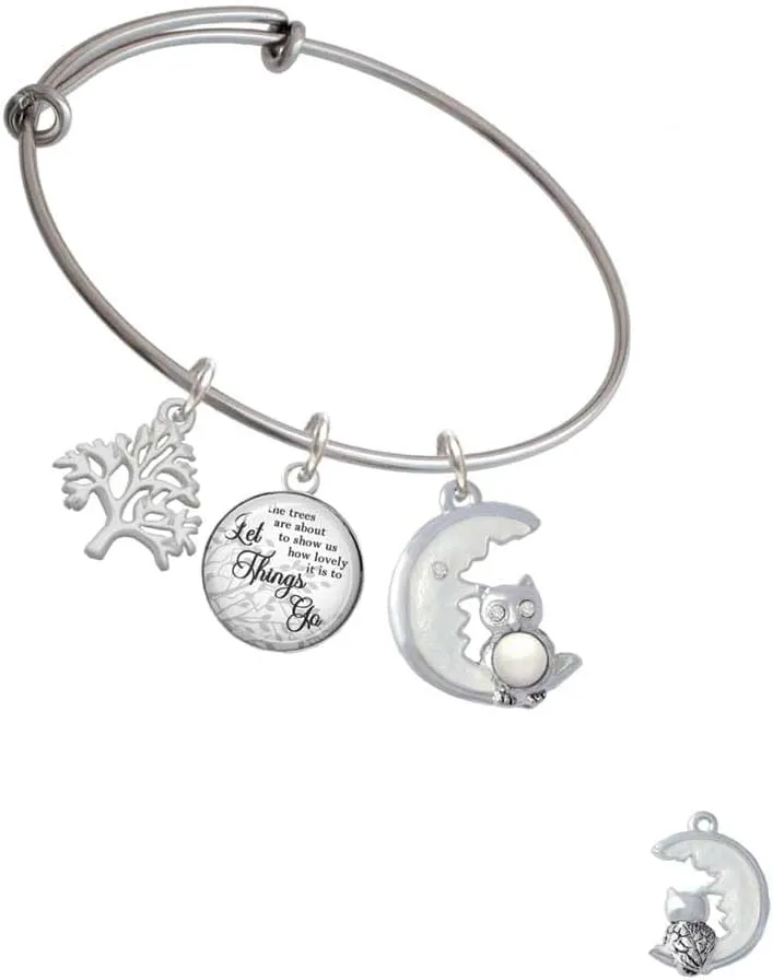 Delight Jewelry Silvertone Large Owl Sitting on Moon Silvertone Let Things Go Tree Charm Bangle Bracelet