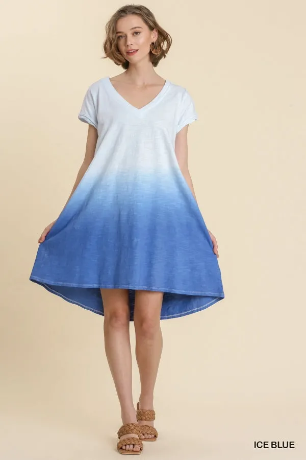Dip Dye V-Neck Short Sleeve Raw Edged Detailed Dress