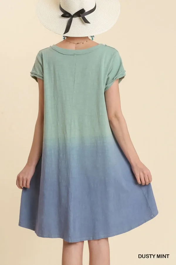 Dip Dye V-Neck Short Sleeve Raw Edged Detailed Dress