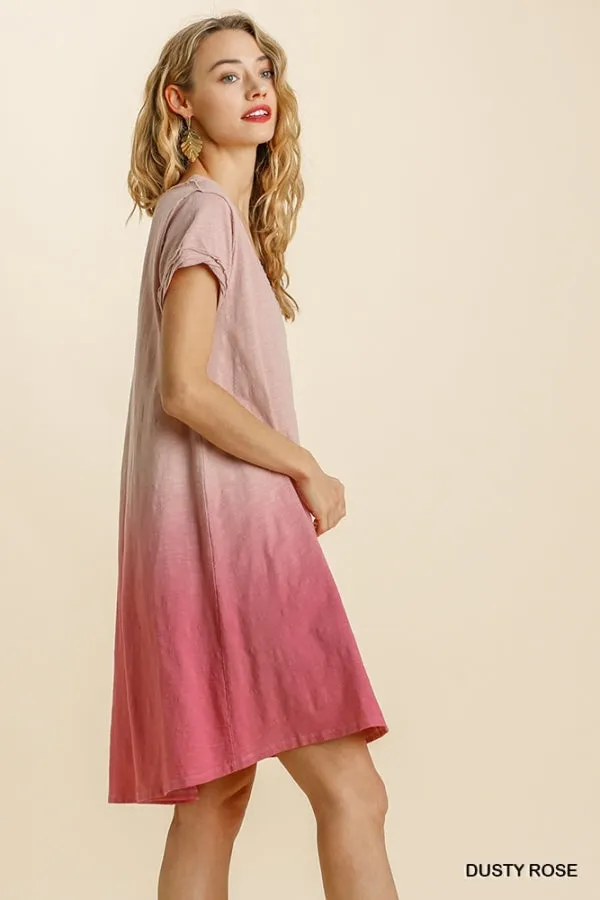 Dip Dye V-Neck Short Sleeve Raw Edged Detailed Dress