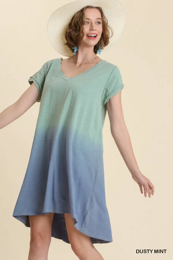 Dip Dye V-Neck Short Sleeve Raw Edged Detailed Dress