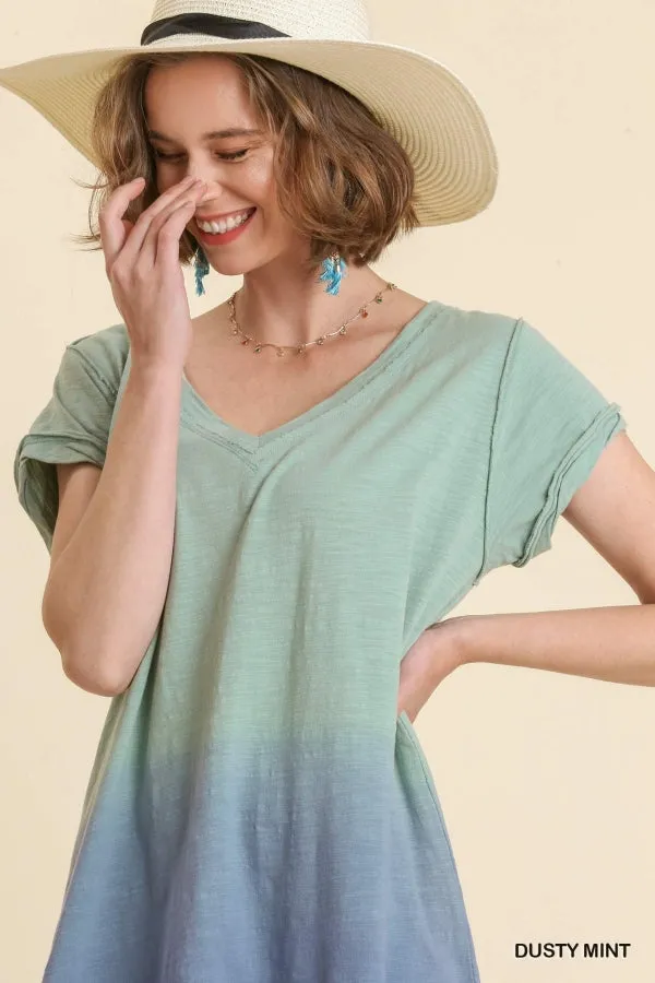 Dip Dye V-Neck Short Sleeve Raw Edged Detailed Dress